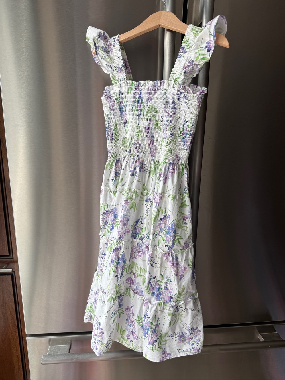 Hill House Girls' White Dress with Lavender and Green Floral Print